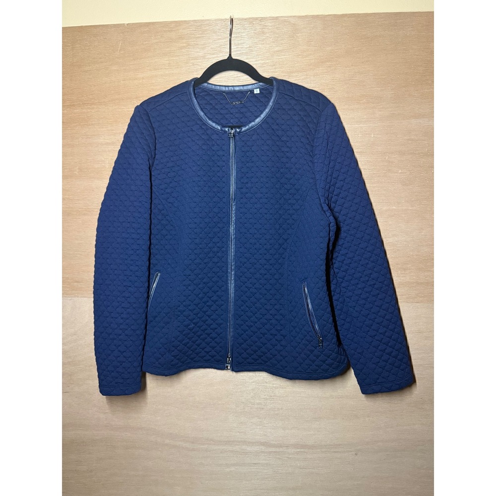 Chicos Quilted Jacket Navy Blue Leather Trim‎ Zip Front Women Size 12